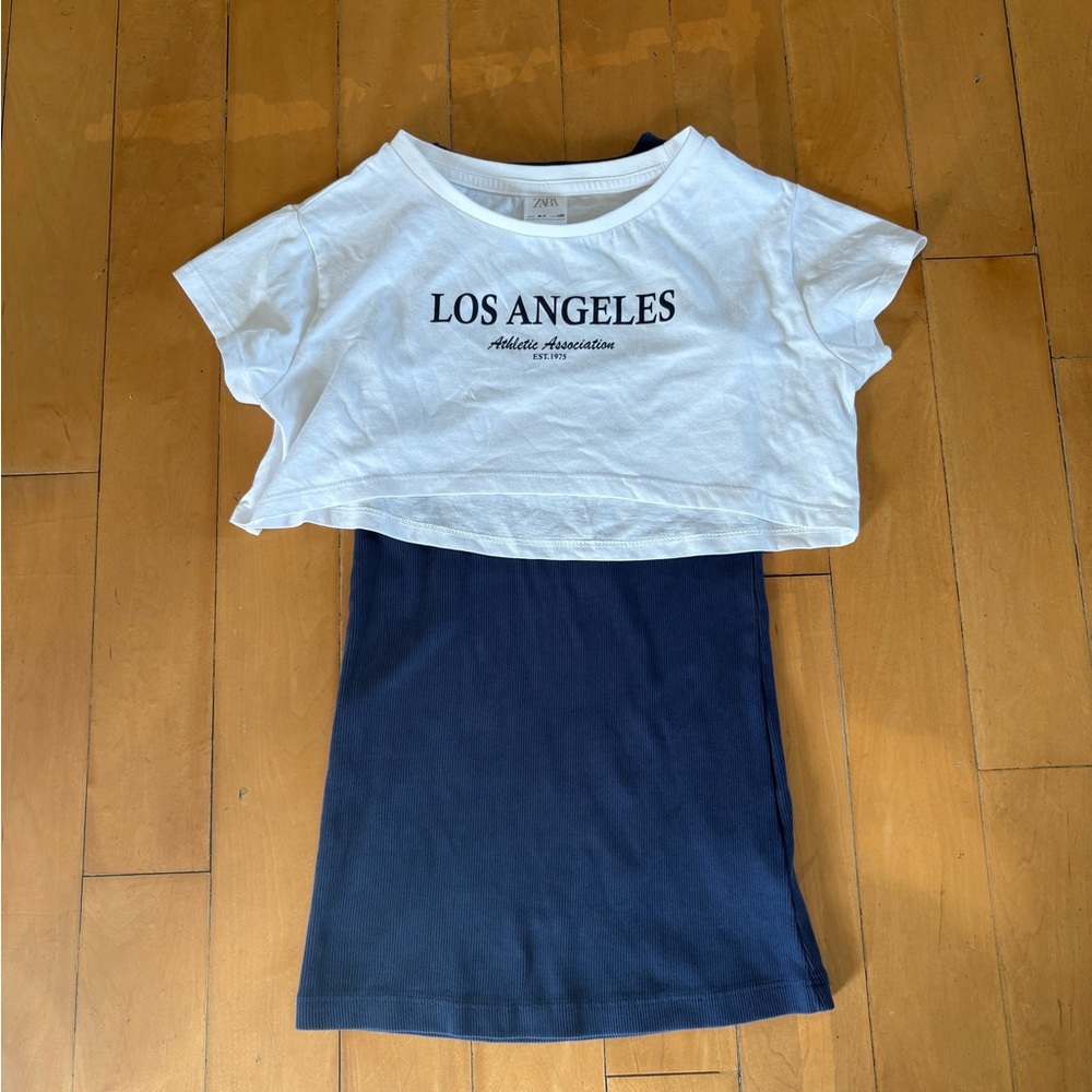 Zara Girl’s White 'Los Angeles' Cropped Tee with Tank Dress~Size 6T